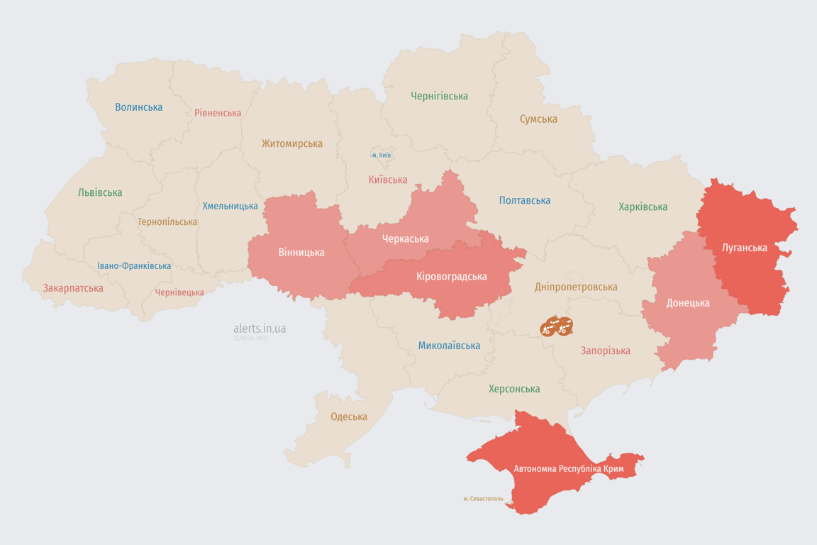 Мапа повітряної тривоги в Україні 12 лютого