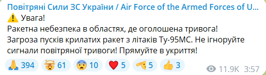 Воздушные силы предупреждают о пусках крылатых ракет