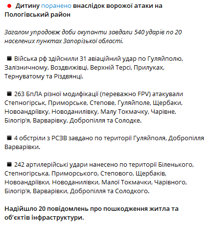 Росіяни поранили дитину під час атаки на Запорізьку область - фото 1