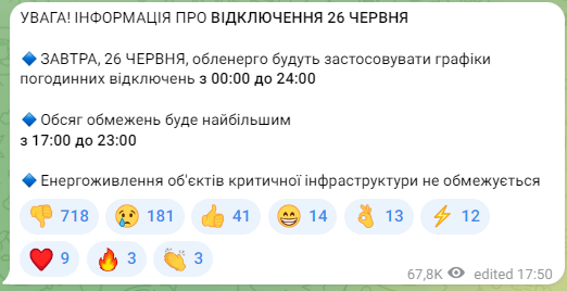 Інформація про відключення світла в Україні 26 червня. Фото: скриншот