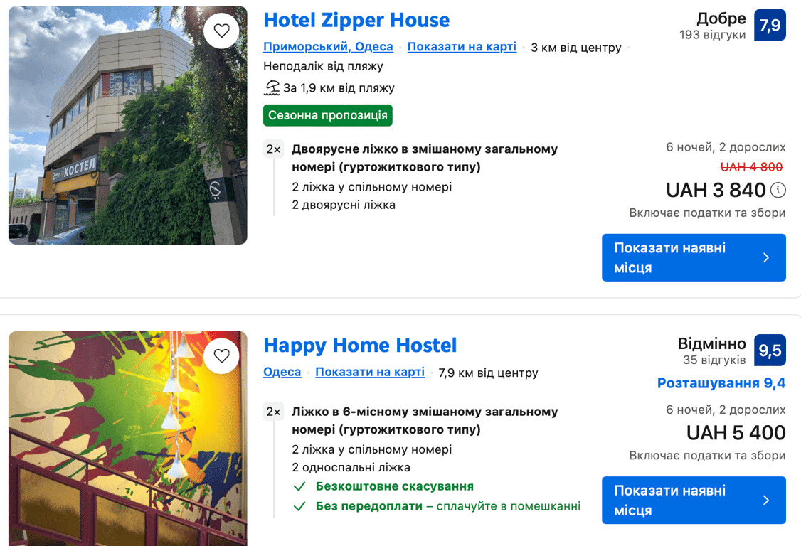 Вартість одеських хостелів за тиждень. Фото: скриншот