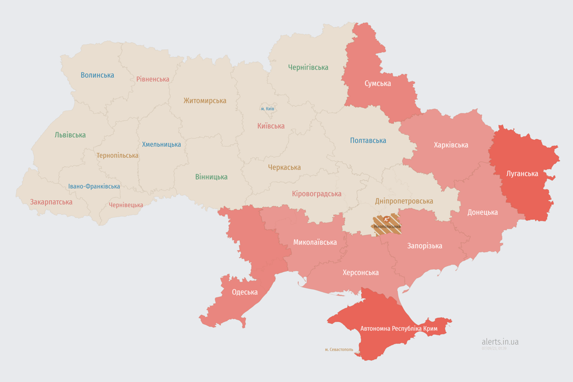 Мапа повітярної тривоги в Україні вночі 7 вересня