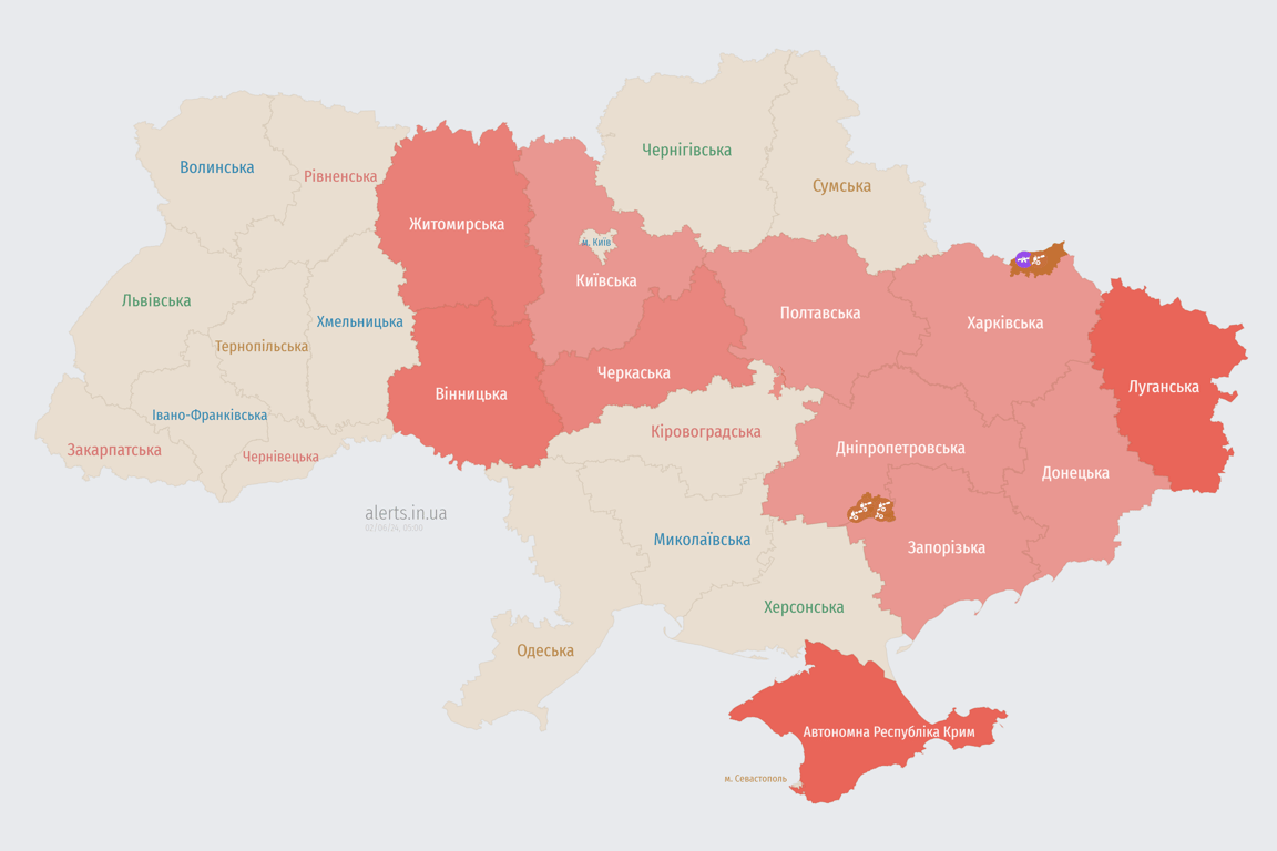 Мапа повітряної тривоги в Україні вранці 2 червня