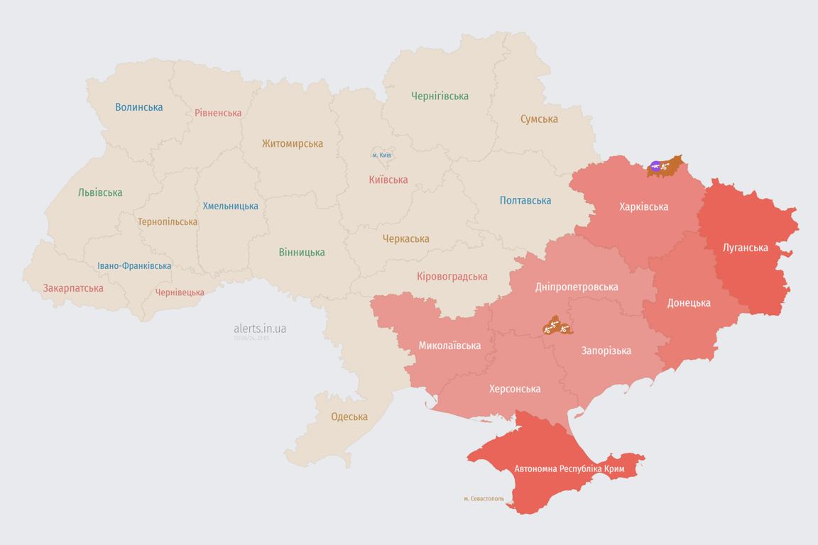 Мапа повітряної тривоги в Україні сьогодні, 13 червня