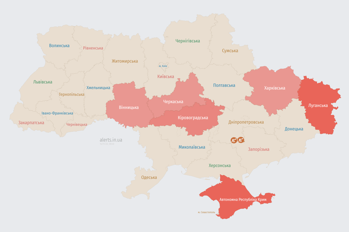 Мапа повітряних тривог в Україні станом на сьогодні, 14 листопада