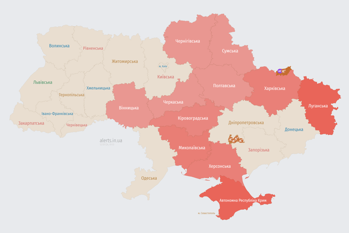 Мапа повітряної тривоги зараз 12 липня