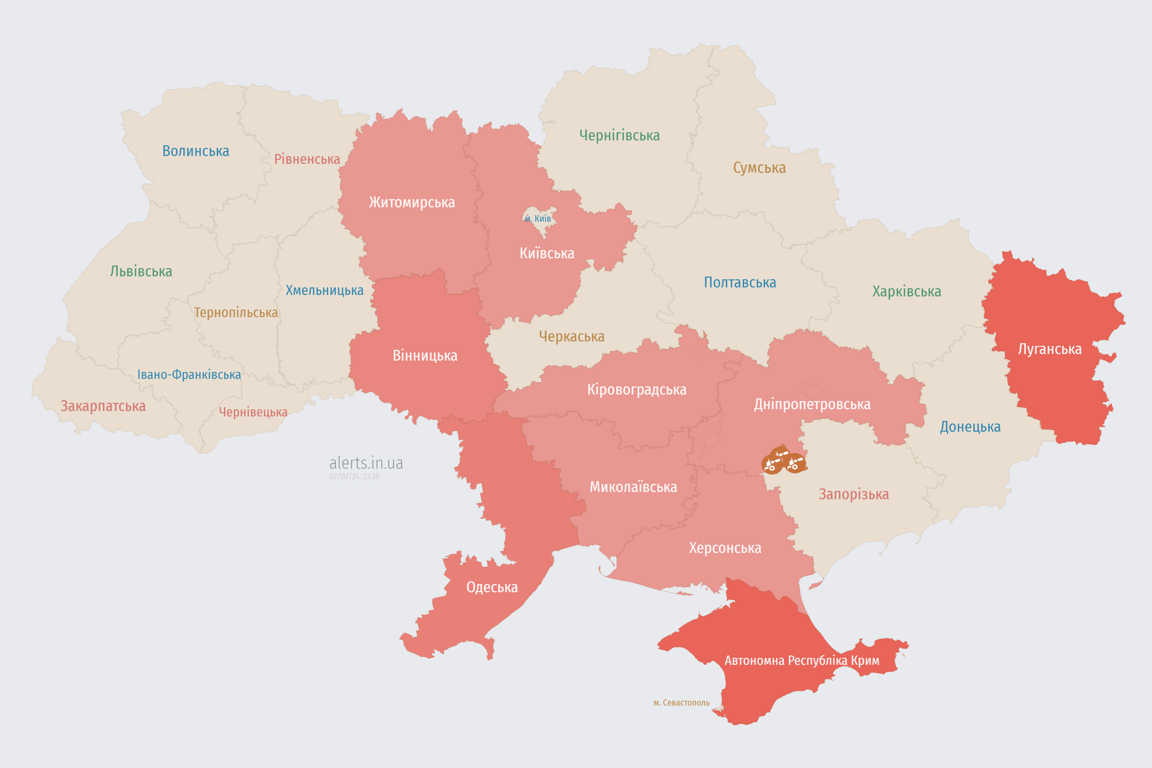 Карта воздушной тревоги в Украине 2 февраля