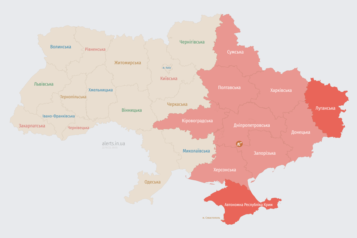 Мапа повітряних тривог в Україні зараз 22 жовтня