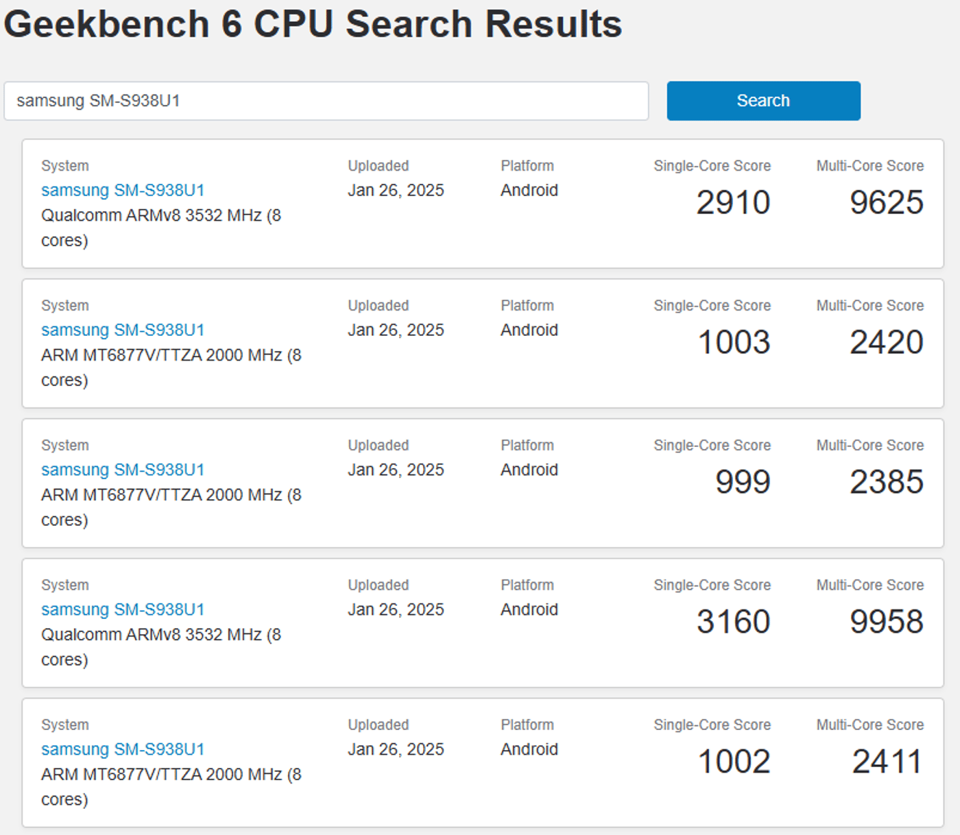 Результаты тестирования Samsung Galaxy S25 Ultra в Geekbench
