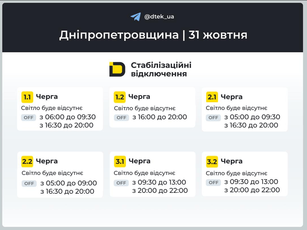 Коли відключать світло у Дніпропетровській області