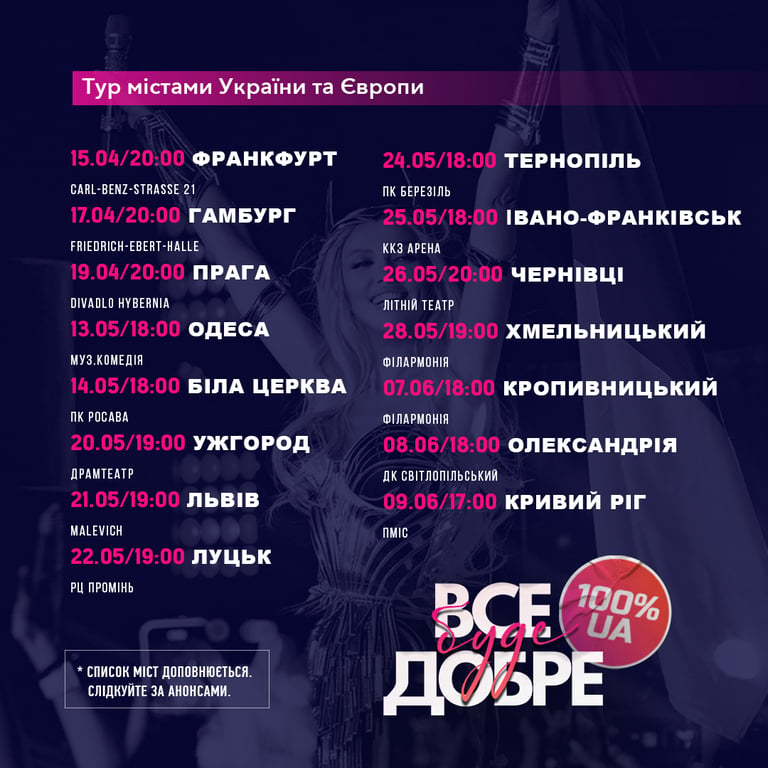 Список міст, які відвідає Оля Полякова в турне. Фото: менеджмет співачки