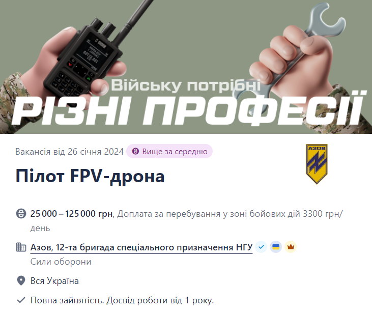 Скриншот пропозиції про роботу пілотам FPV-дрона на сайті пошуку роботи Work.ua