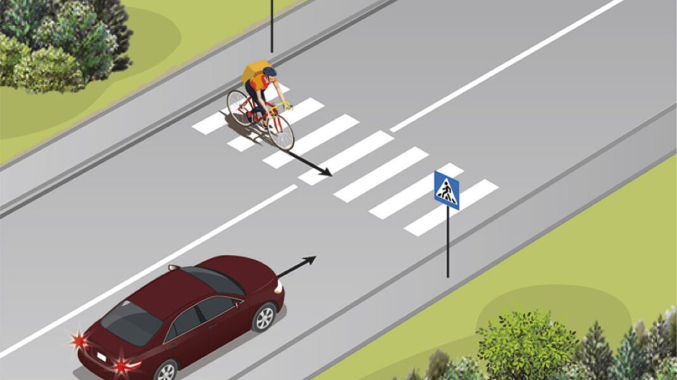 Тест по ПДД: что должен сделать водитель, если велосипедист нагло едет по пешеходному переходу