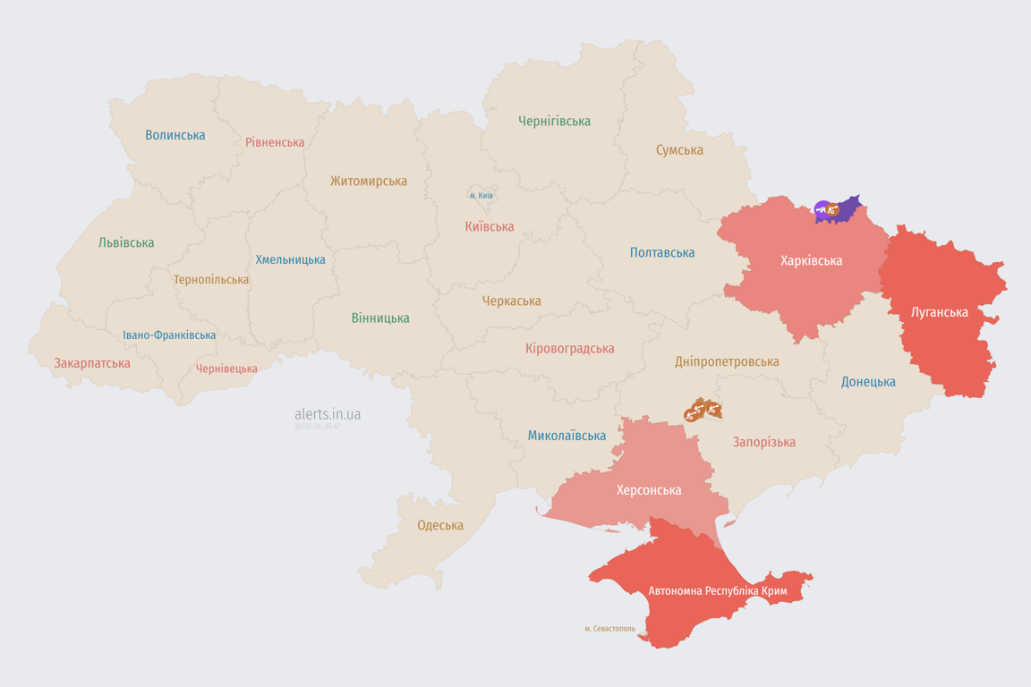 Карта повітряних тривог в Україні вранці 28 травня 
