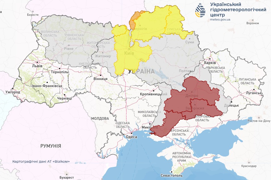 Карта опасных гидрологических явлений в Украине 1 марта от Укргидрометцентра
