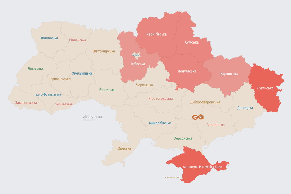 Мапа повітряних тривог в Україні сьогодні, 12 січня