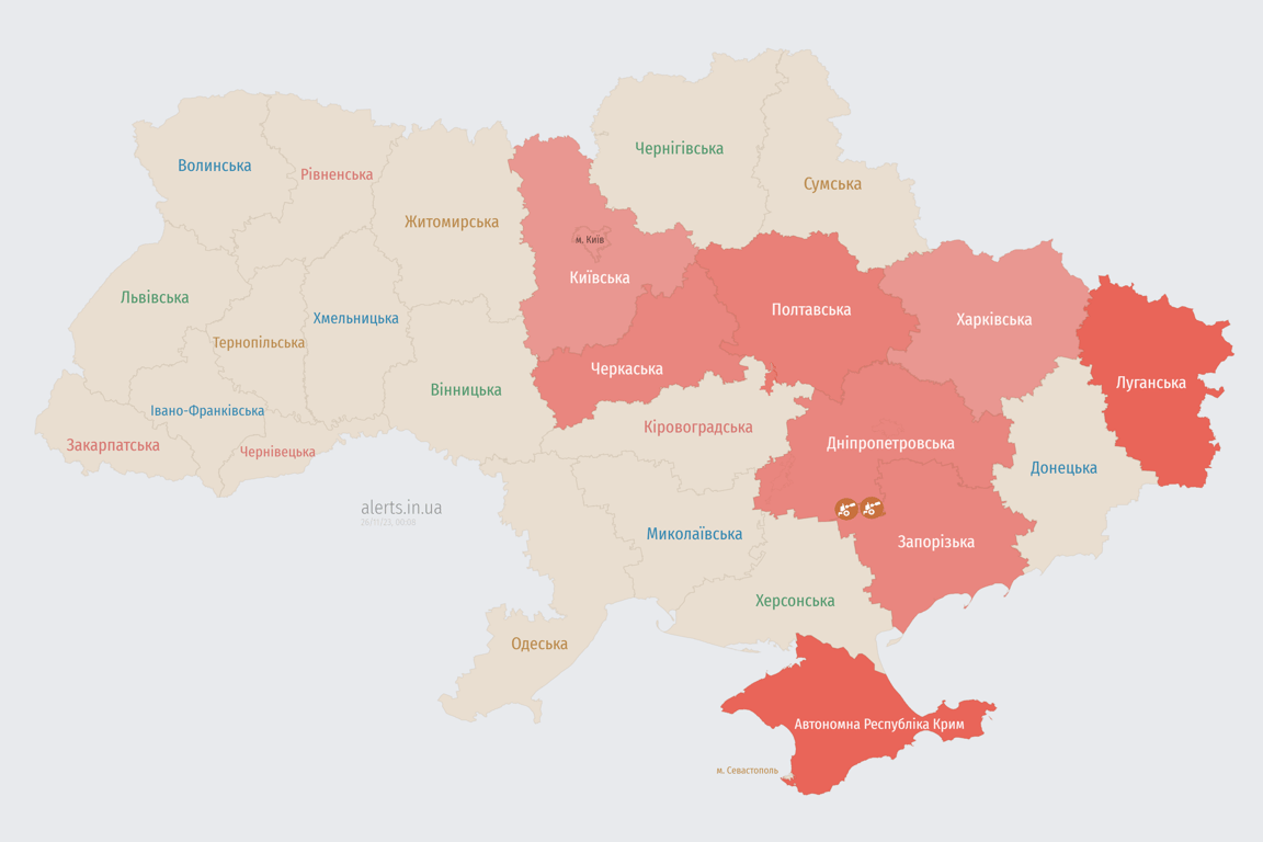 Мапа повітряних тривог в Україні сьогодні, 26 листопада