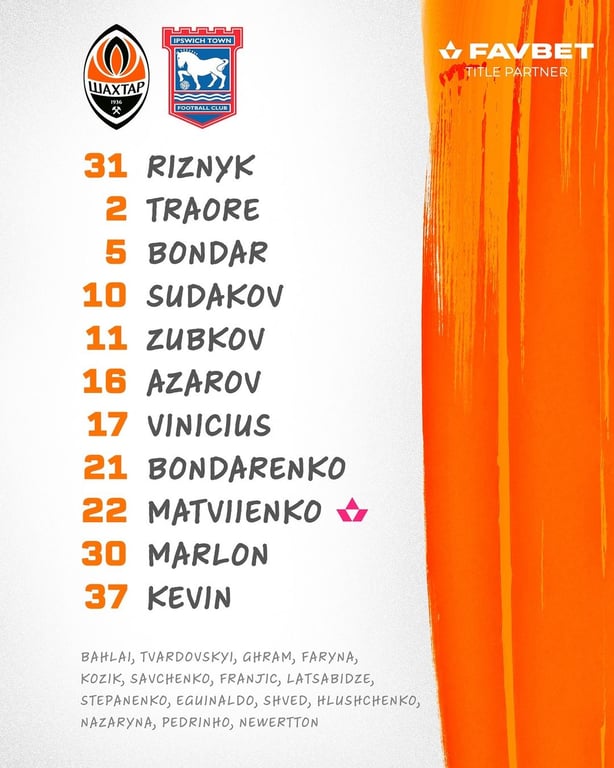 Стартовий склад Шахтаря на гру з Іпсвічем