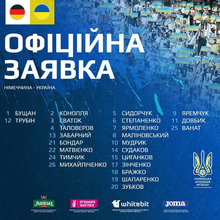 Заявка збірної України на матч із Німеччиною