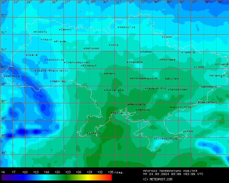 Карта температур в Україні станом на 24 вересня