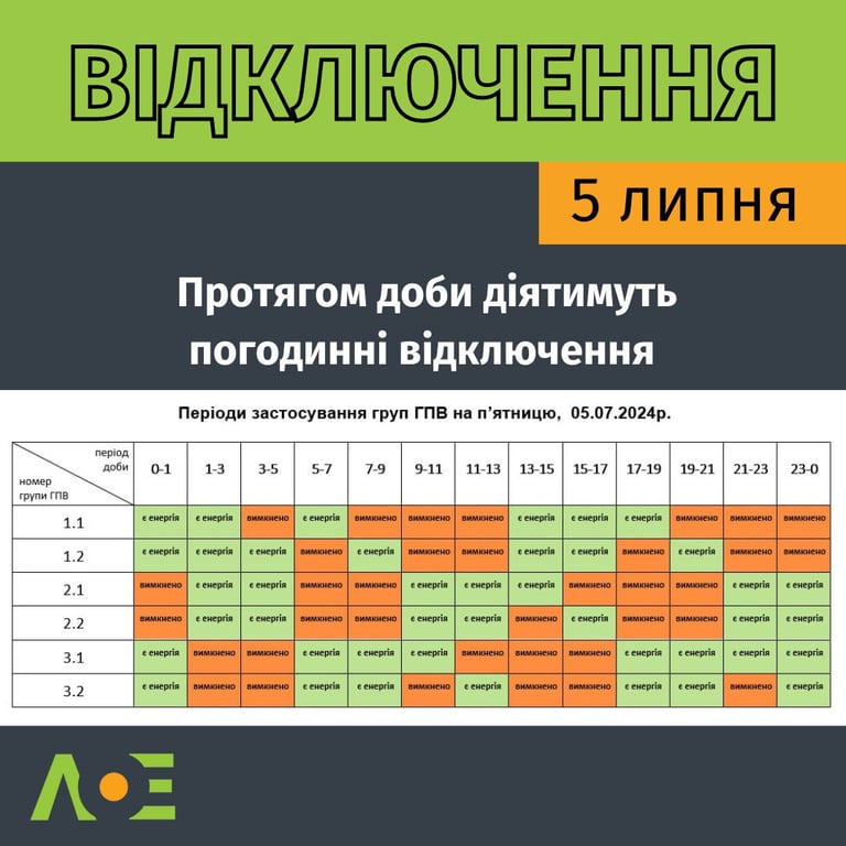 Інформація про відключення світла на Львівщині 5 липня. Фото: Львівобленерго