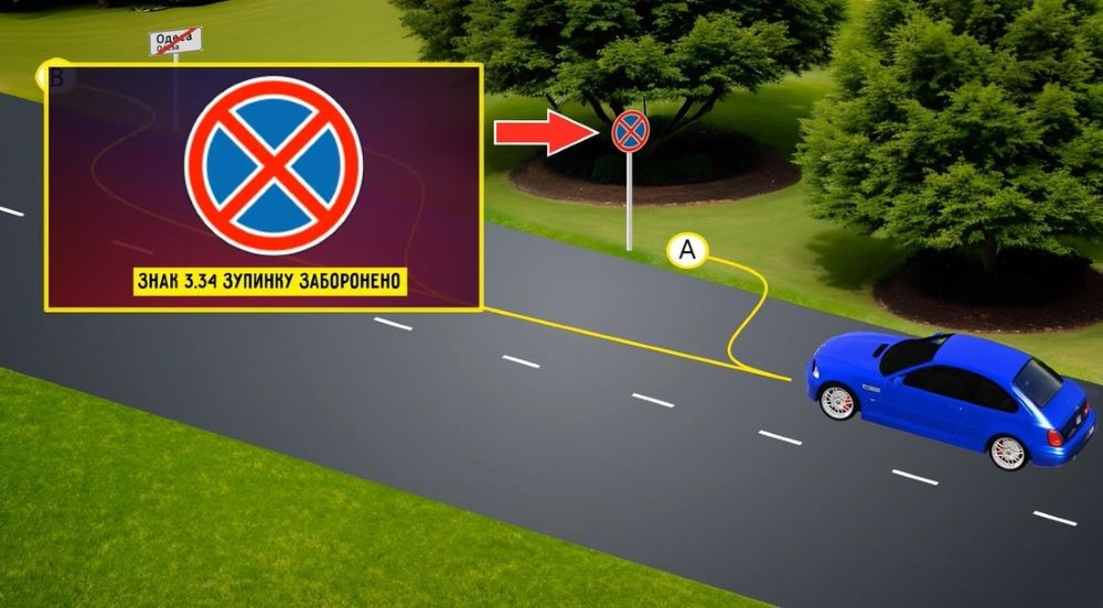 Слишком много знаков - в каком месте разрешена остановка водителю синего автомобиля - фото 1