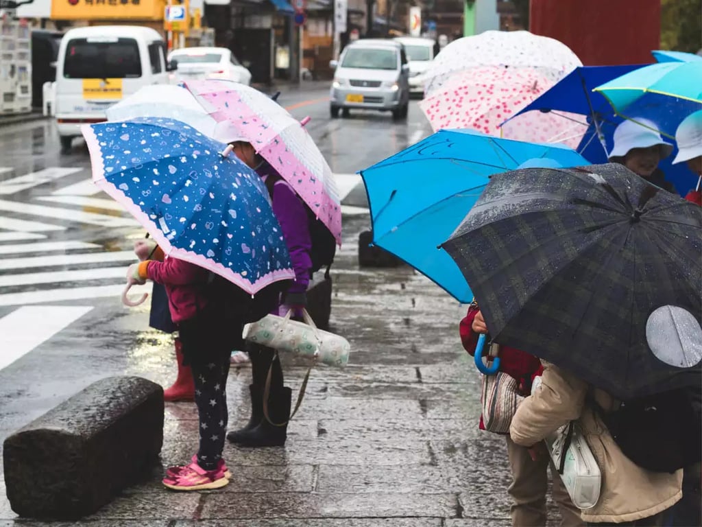 Люди под зонтиками стоят на тротуаре