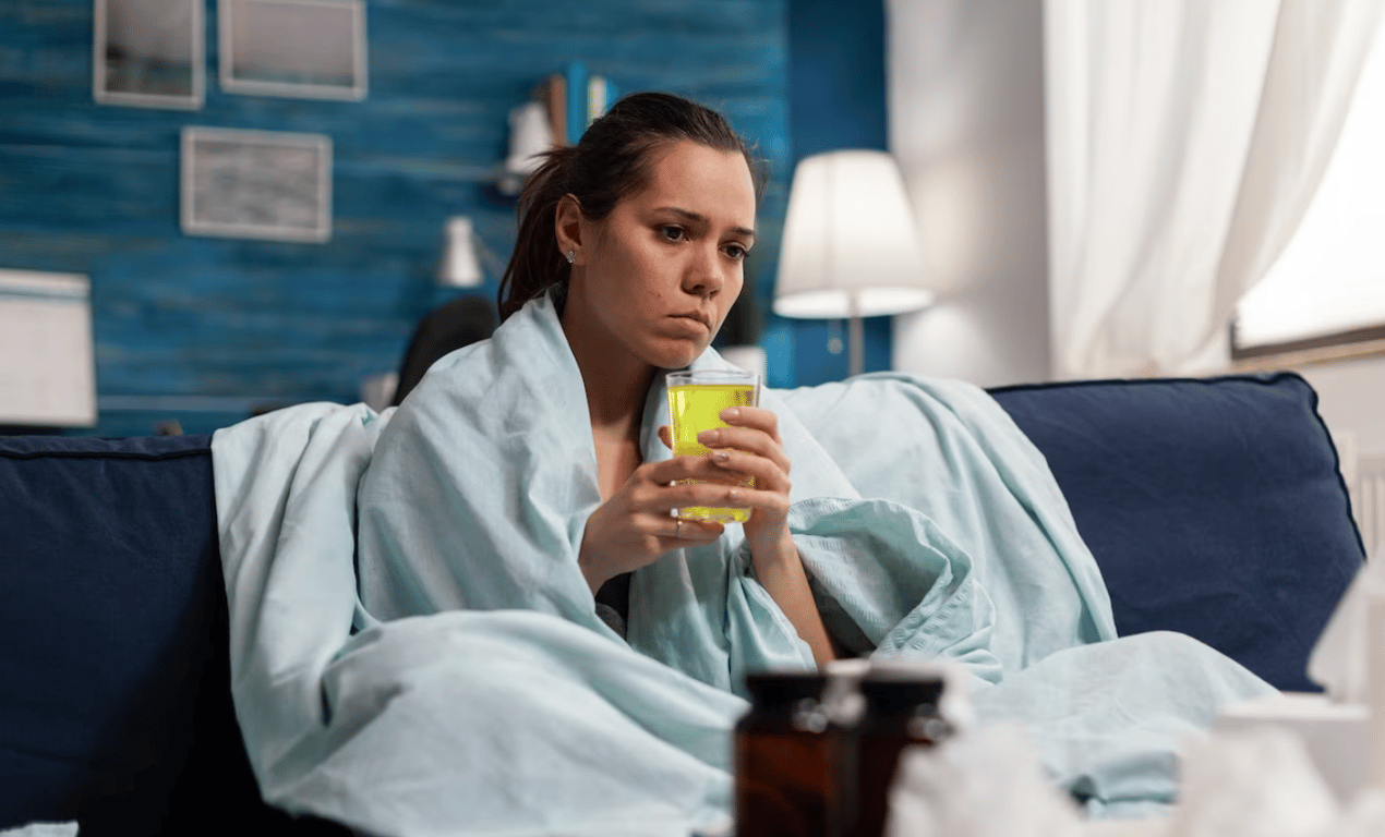 Молодая девушка, пьющая чай с медом и лимоном во время простуды.