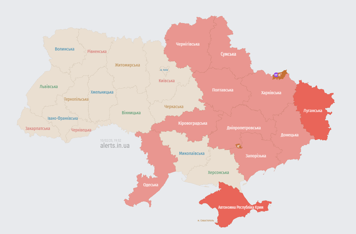 Карта повітряних тривог 10 лютого