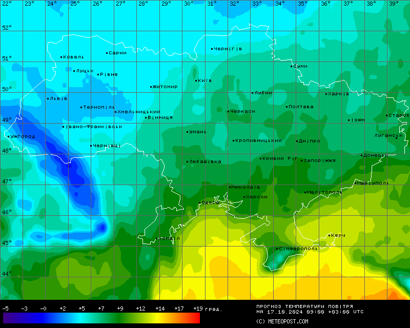 Карта температур в Україні на 17 жовтня