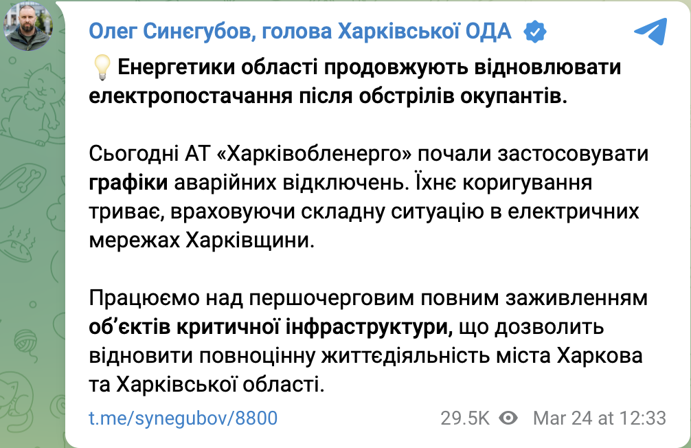 Скриншот сообщения Синегубова