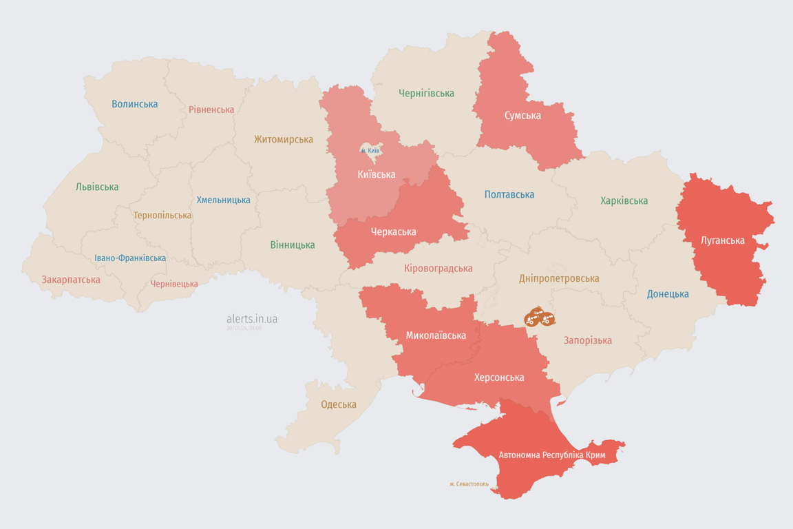 Мапа повітряної тривоги в Україні сьогодні, 30 січня