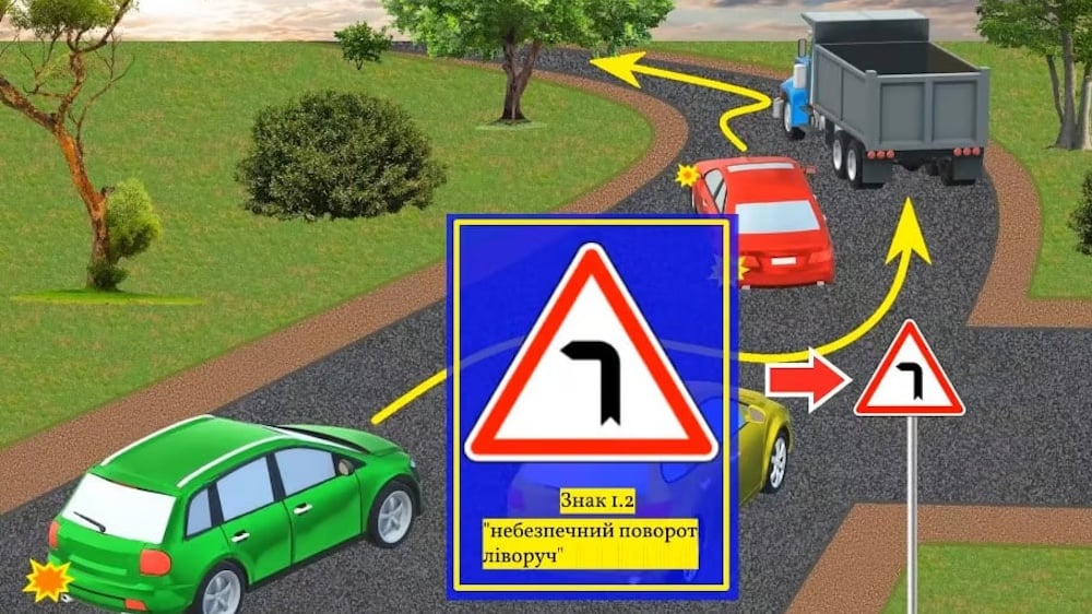 Дорожный знак 1.2 "Опасный поворот налево".
