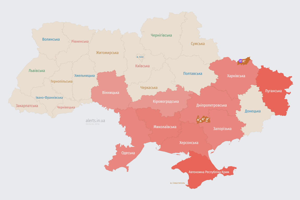 Мапа повітряної тривоги в Україні зараз 6 червня