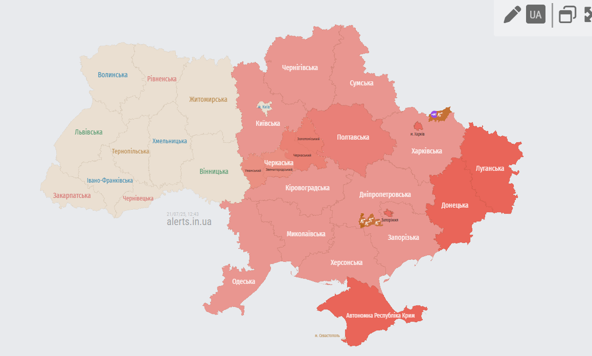 Де існує загроза балістики та дронів вдень 21 липня - карта