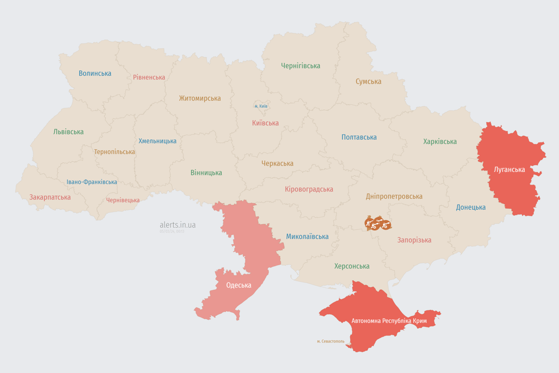 Карта воздушной тревоги в Украине во вторник, 5 марта