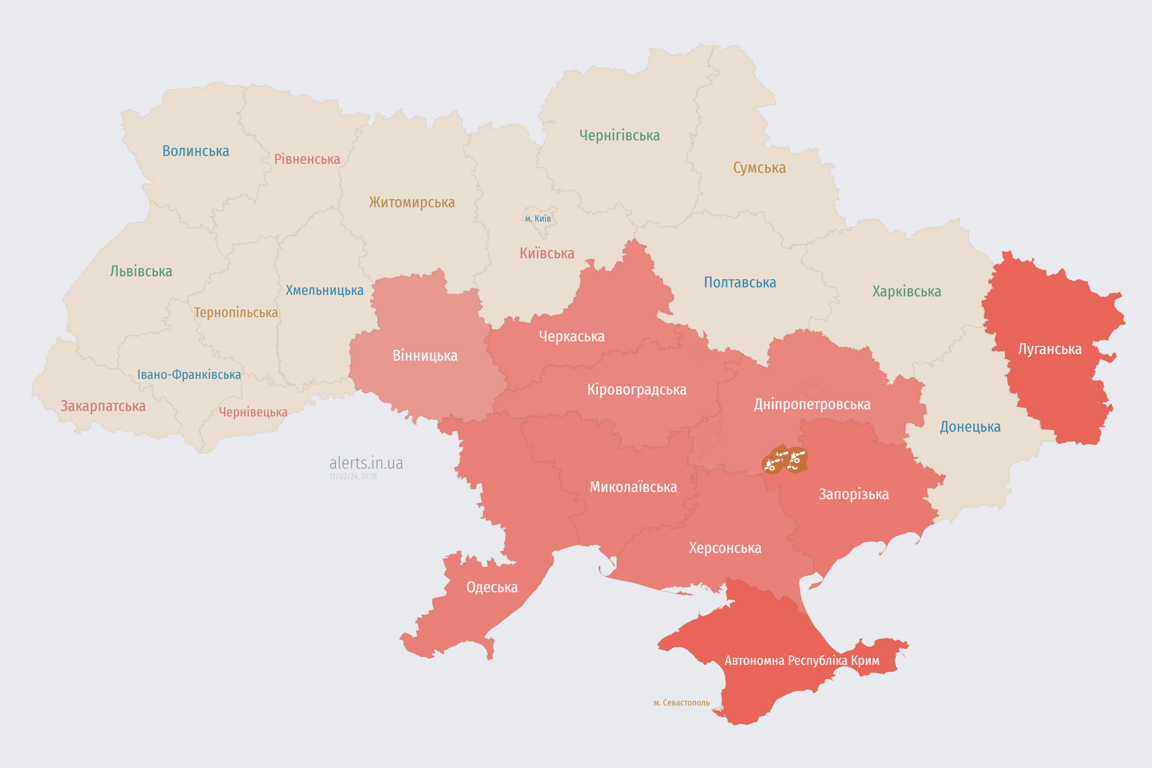 Карта воздушной тревоги в Украине 11 февраля