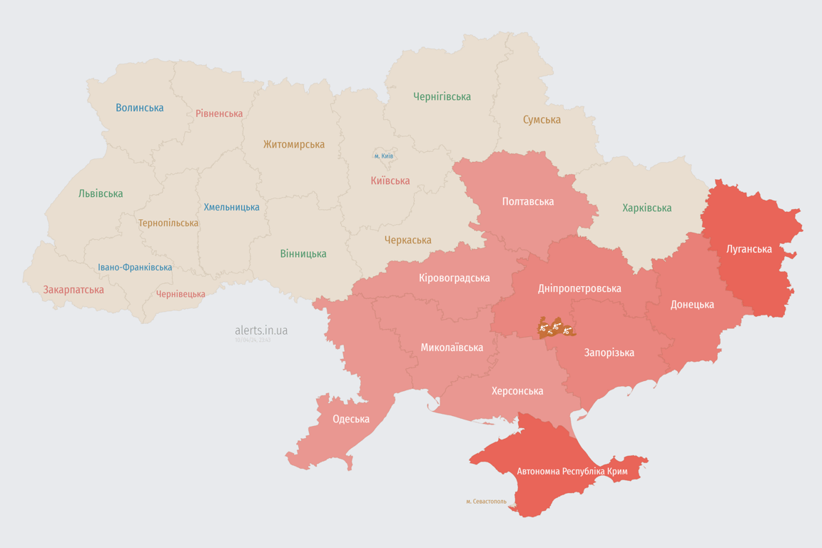 Мапа повітряної тривоги в Україні сьогодні, 10 квітня