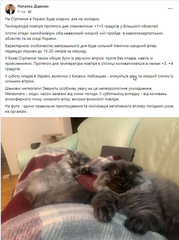 Скриншот сообщения с фейсбук-страницы Наталки Диденко
