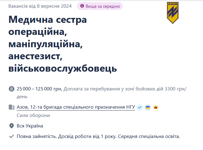 "Азов" шукає медсестер