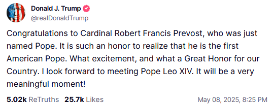 Перший папа-американець — Трамп привітав Лева XIV з обранням - фото 1