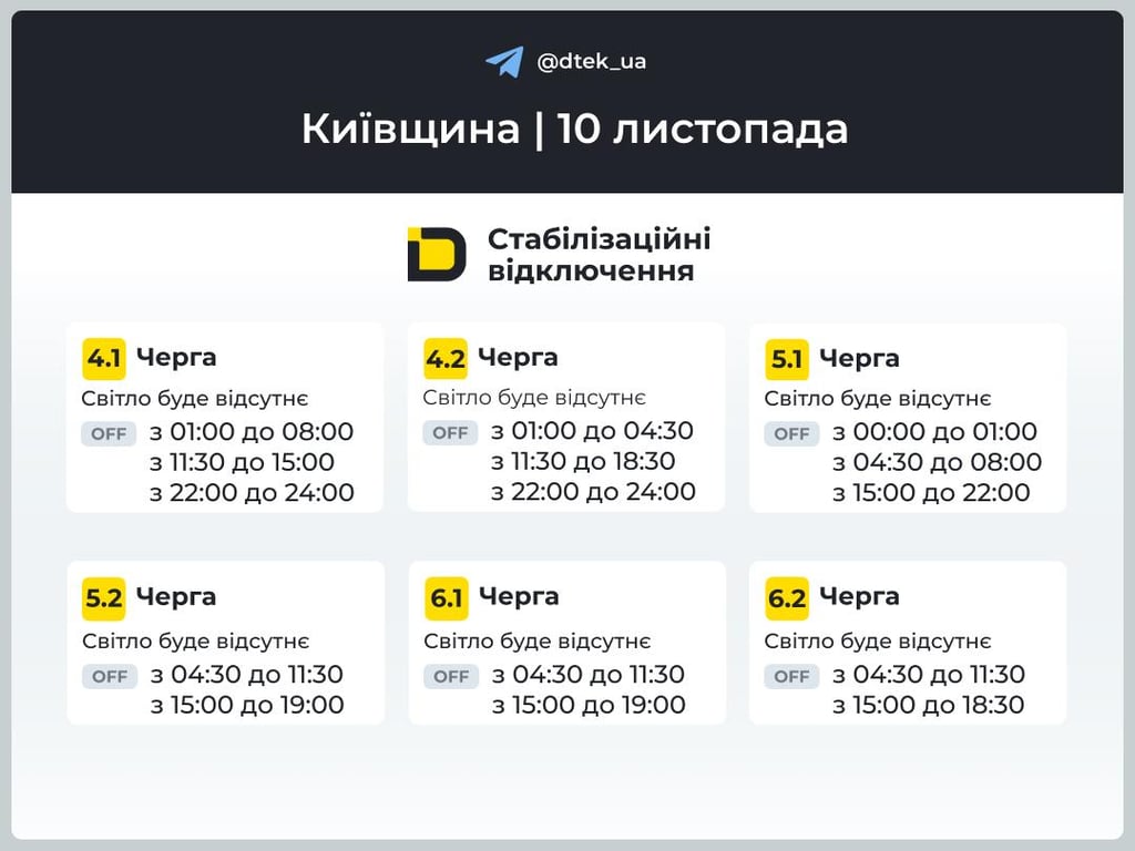 Графіки відключень світла в Київській області 10 листопада