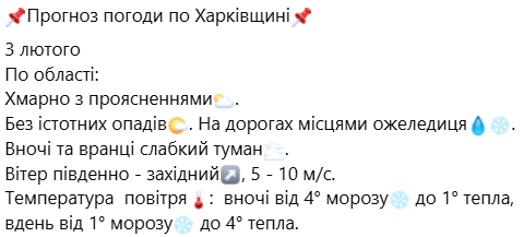 Прогноз погоди в Харківській області на 3 лютого