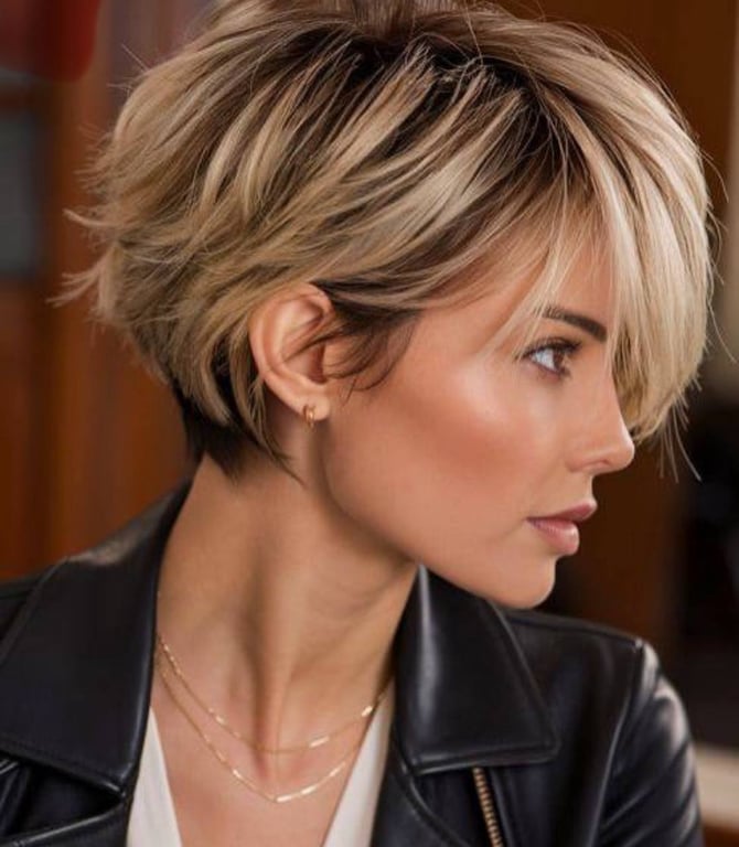 Жіноча стрижка біксі на світлому волоссі з недбалою укладкою