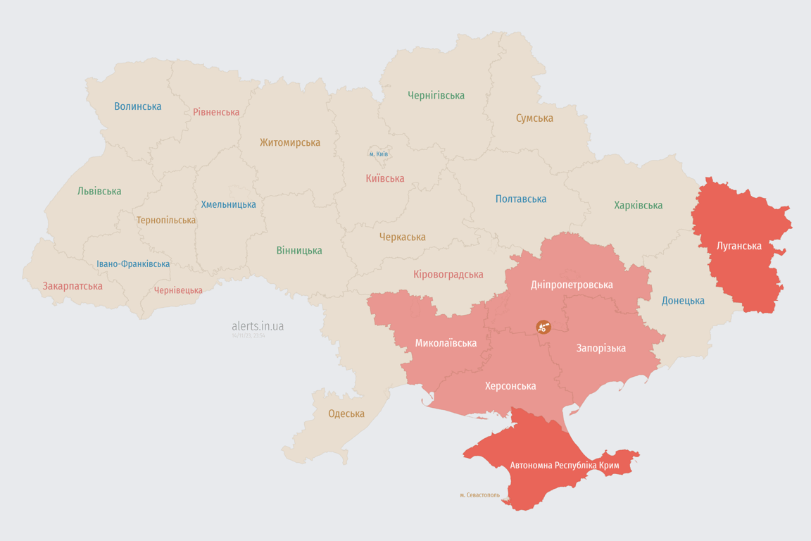 Мапа повітряних тривог в  Україні сьогодні, 14 листопада