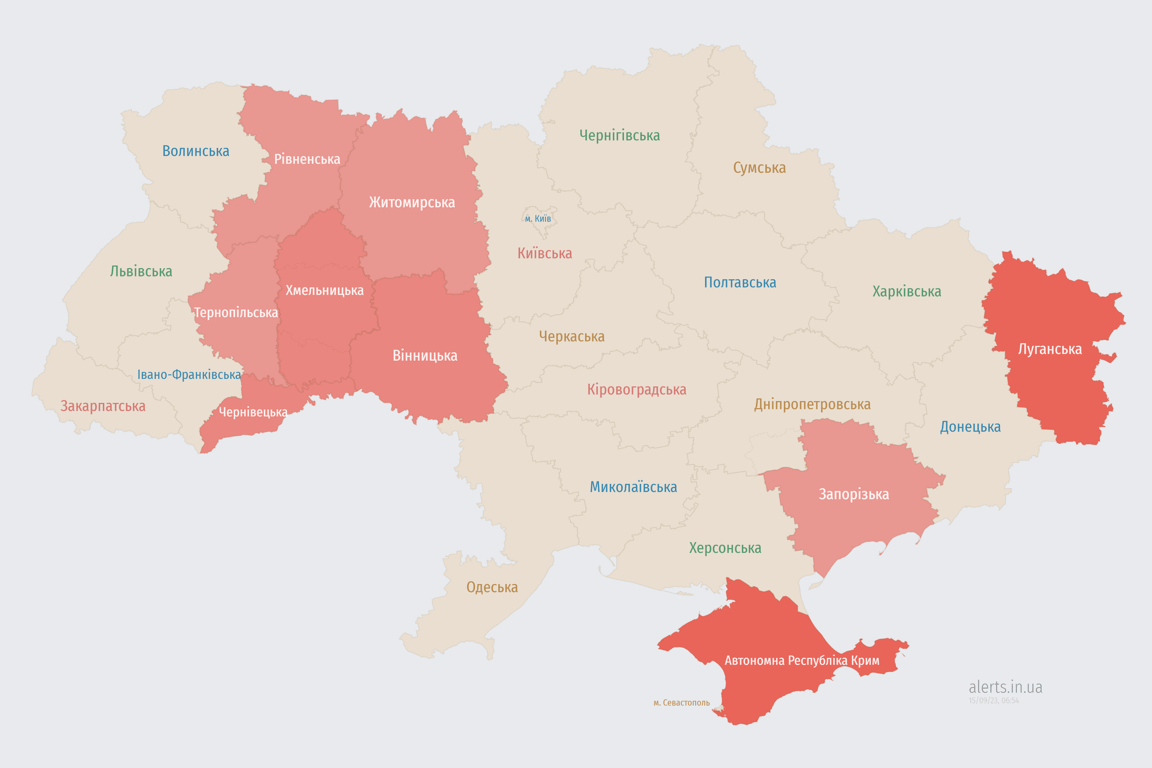 Мапа повітряних тривог в Україні сьогоні 15 вересня