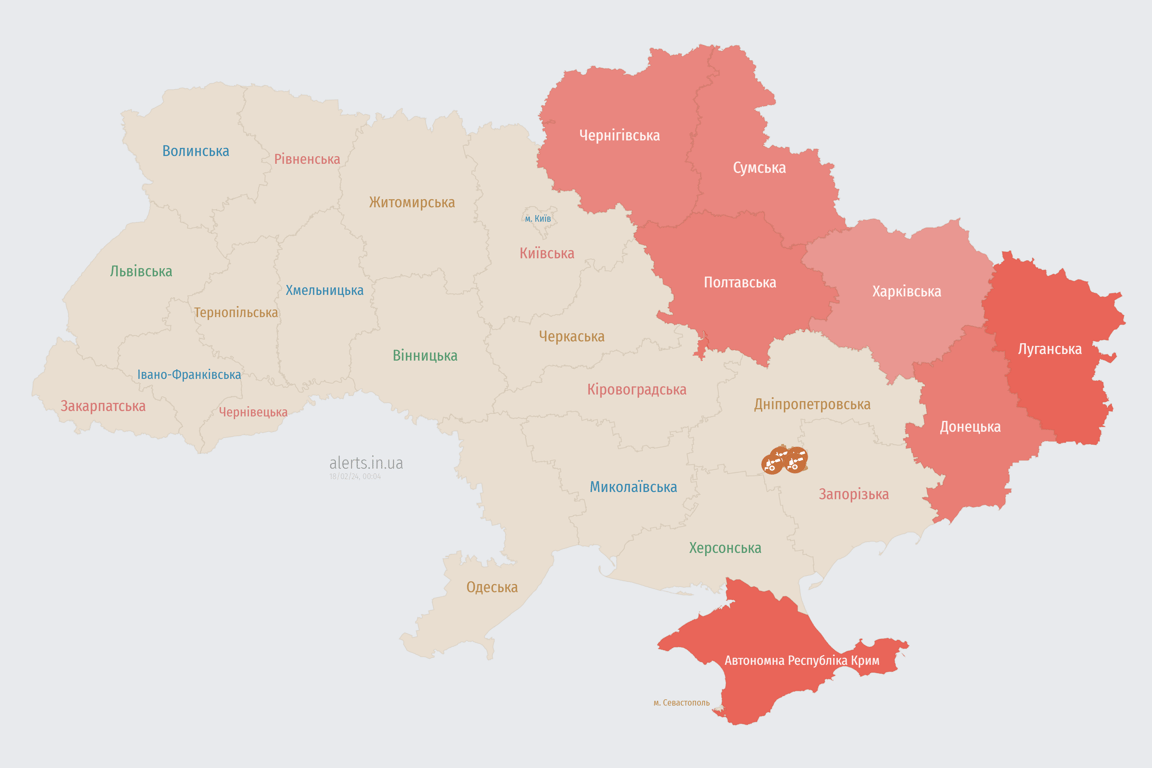 Мапа повітряної тривоги в Україні 18 лютого