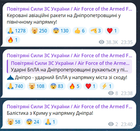 Скриншот повідомлення з телеграм-каналу "Повітряні сили ЗС України"