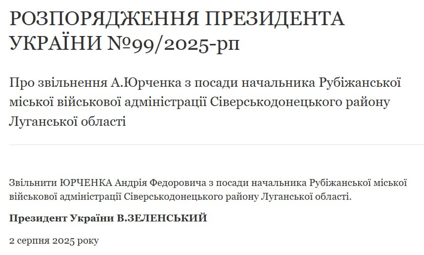 Зеленський звільнив Андрія Юрченка