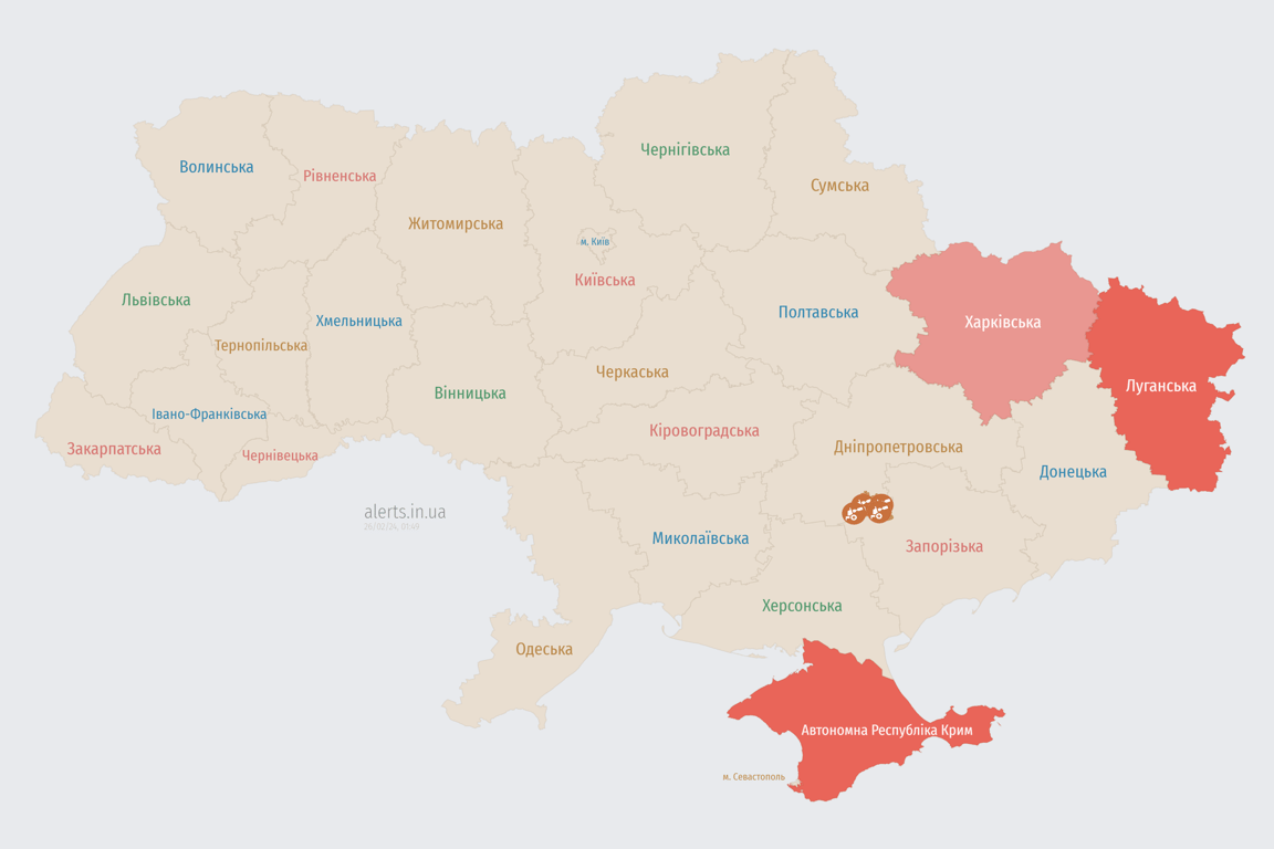 Мапа повітряної тривоги в Україні 26 лютого